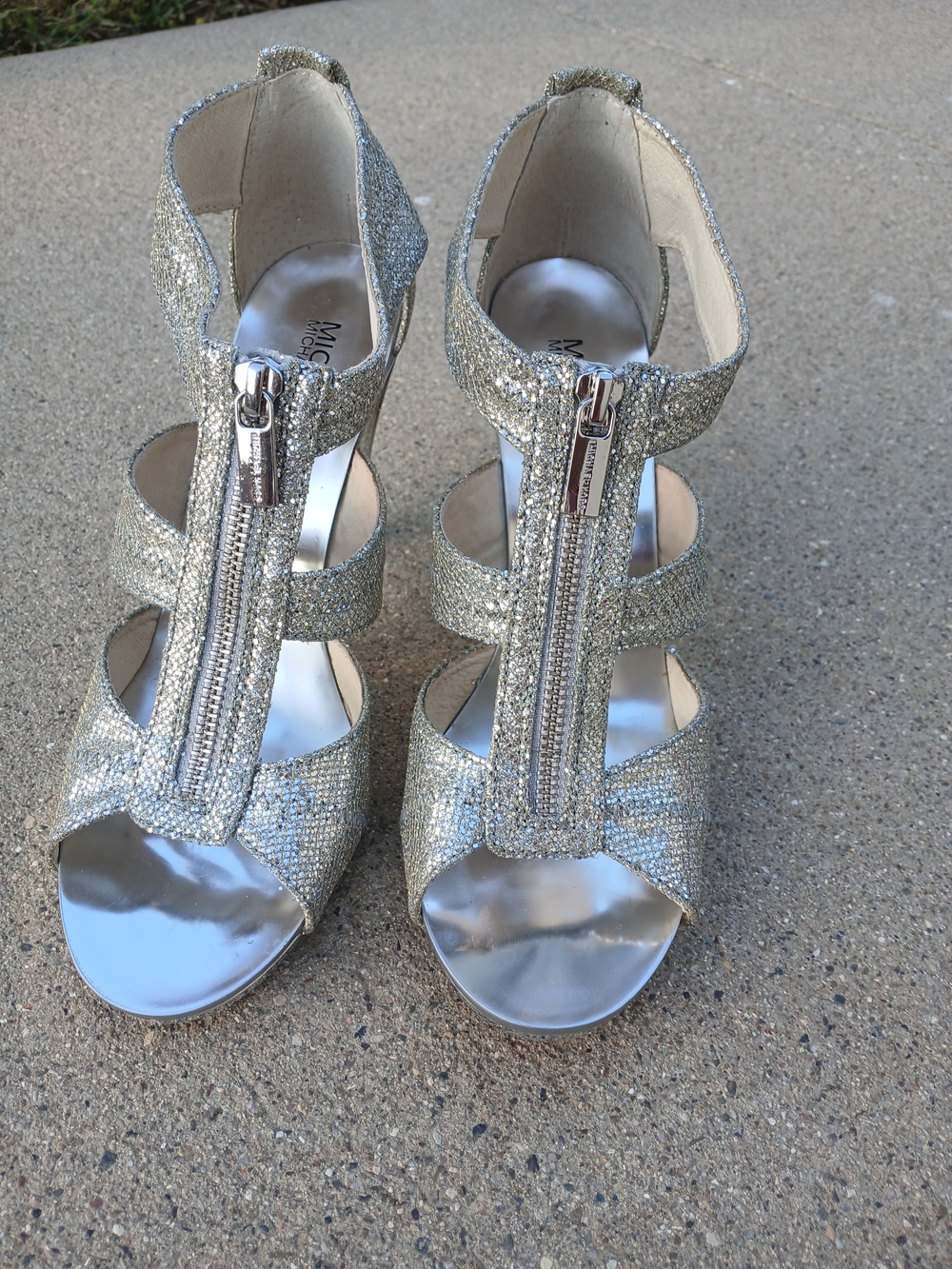 MICHAEL Michael Kors Silver Glitter Front-Zip Strappy Heels Size 9.5